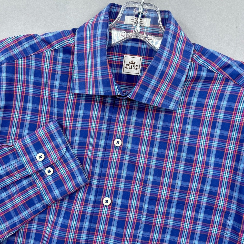 Peter Millar‎ Shirt Mens Medium Plaid Blue Pink Orange Tartan Spread Button Up